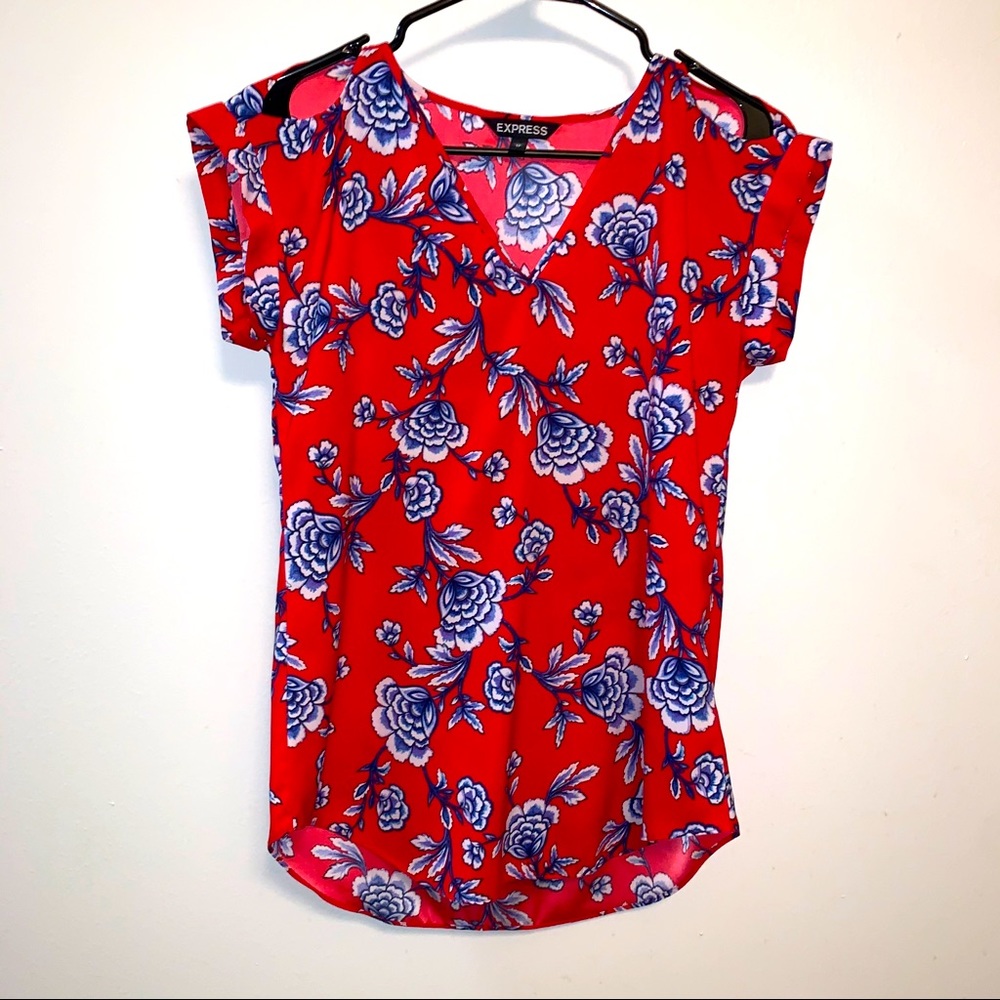 Express Red Blouse with Blue Flowers Size XS